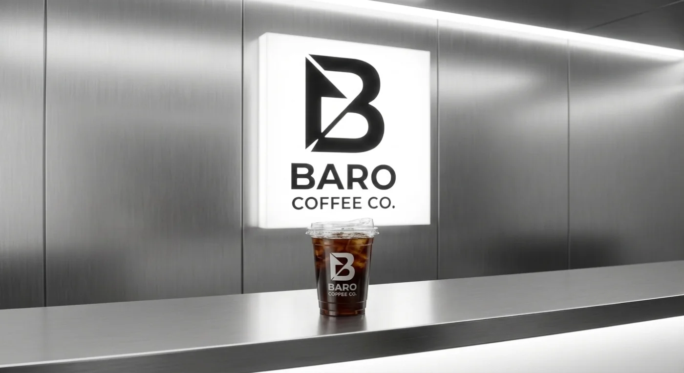 BARO backlit sign on brushed steel